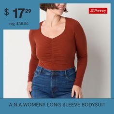 This a.n.a women's fitted long-sleeve bodysuit is a chic versatile essential for your cold-weather wardrobe. It's made from soft stretch cotton-jersey with a ruched sweetheart neckline. Wear it with jeans, pants or skirts. Fit: FittedSleeve Length: Long SleeveApparel Length: 29.5 InchesFiber Content: 95% Cotton, 5% SpandexFabric Description: JerseyCare: Tumble Dry, Machine WashCountry of Origin: Imported Winter Workwear Stretch Bodysuit, Stretch Bodysuit For Workwear In Fall, Casual Bodysuit For Workwear In Winter, Casual Winter Bodysuit For Workwear, Casual Winter Workwear Bodysuit, Trendy Long Sleeve Non-stretch Bodysuit, Trendy Non-stretch Long Sleeve Bodysuit, Fall Bodysuit For Workwear, Slim Fit Long Sleeve Bodysuit For Fall