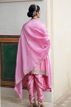 Gulabi kurta with silver zardosi, pearls and stones embroidery and cutwork hem detailing. Paired with coordinating dupatta and solid dhoti pant - Aza Fashions Raw Silk Sharara With Tilla Embroidery, Traditional Drape Kurta With Tilla For Eid, Festive Kurta With Tilla And Traditional Drape, Traditional Drape Dupatta With Tilla, Traditional Tilla Dupatta For Eid, Dhoti Pants, Pink City, Silk Embroidery, Cut Work