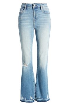 Rock a laid-back vintage vibe in these stretchy, full-length flare jeans aged with a faded light wash, distressed details and released hems. 31" inseam; 10" front rise Zip fly with button closure Five-pocket style 93% cotton, 5% polyester, 2% spandex Machine wash, tumble dry Imported Ripped Medium Wash Flare Jeans, Faded Ripped Flare Jeans For Fall, Light Wash Flare Cropped Jeans With Frayed Hem, Light Wash Denim Flares With Frayed Hem, Light Wash Flare Jeans With Frayed Hem, Spring Denim Flares With Distressed Details, Spring Distressed Denim Flares, Fall Distressed Medium Wash Flares, Casual Distressed Flares For Fall