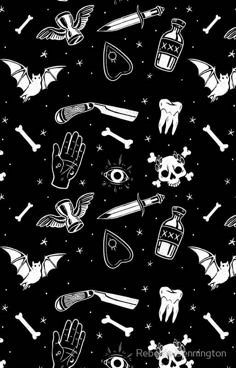 a black and white pattern with skulls, bones, bats and other items