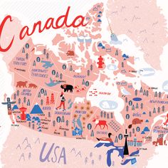 an illustrated map of canada with the capital and major cities on it's pink background