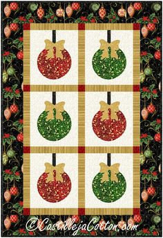 a quilted christmas ornament with four ornaments on it and holly wreaths in the background