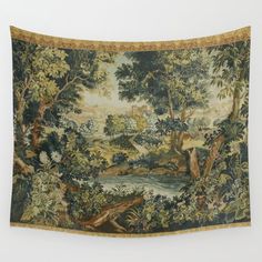 a tapestry hanging on the wall with trees and water in it's foreground