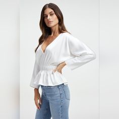 Questions? Leave A Comment Below! Chic White V-neck Top For Day Out, Elegant White V-neck Top For Work, Elegant Off White V-neck Top, White V-neck Top For Spring Workwear, Off White V-neck Top For Day Out, Chic White Fitted V-neck Top, Off White V-neck Blouse For Day Out, Feminine White V-neck Blouse, Cream V-neck Top For Work