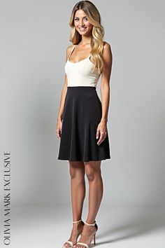 Olivia Mark - Elegant Contrast Skater Dress - Sophisticated Beige and Black Combo Black Dress Elegant, Inner Goddess, Sophisticated Dress, Beige And Black, Flared Skirt, Fitted Bodice, Strappy Heels, Olivia Mark, Knee Length Dress