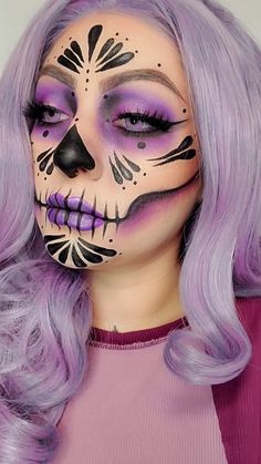 Purple Dia De Los Muertos Makeup Ideas, Purple Day Of The Dead Makeup, Sugar Skull Face Paint For Women, Purple Skeleton Makeup, Blue Sugar Skull Makeup, Purple Catrina Makeup, Skeleton Makeup Colorful, Skull Makeup Colorful, Purple Sugar Skull Makeup