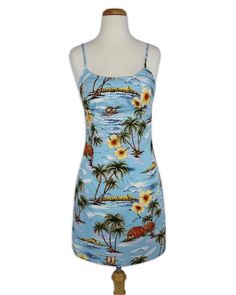 Short Hawaiian Spaghetti Strap Sundress - Fiji - Baby Blue Light Blue Fitted Sundress For Summer, Fitted Light Blue Sundress For Summer, Fitted Beachwear Sundress With Spaghetti Straps, Fitted Sundress With Spaghetti Straps For Beachwear, Light Blue Spaghetti Strap Sundress For Summer, Light Blue Sundress With Spaghetti Straps For Summer, Fitted Mini Dress With Spaghetti Straps For Beach Party, Beach Party Sundress With Spaghetti Straps And Adjustable Straps, Spaghetti Strap Sundress For Beach Party