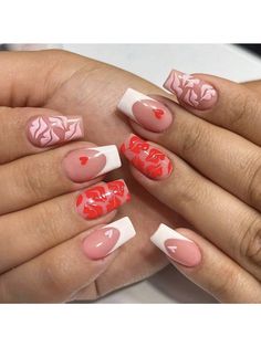 Red  Collar     Embellished   Beauty Tools Short Fake Nails, Coffin Press On Nails, Fake Nails With Glue, Nails Medium, Nails For Women, Nail Forms, Pink Acrylic Nails, Stick On Nails, Nailed It