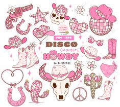 pink and white cowgirl clipart set with cowboy hats, boots, hearts, flowers