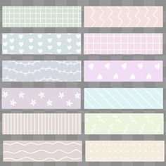 a set of pastel striped patterns with hearts and flowers on them, all in different colors