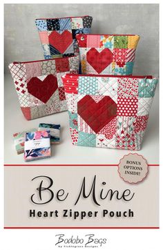 the be mine heart zipper pouch pattern is shown in red, white and blue colors