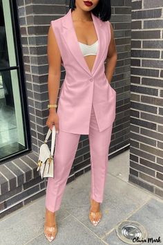 Olivia Mark - Classic Pink Solid Patchwork Collarless Suit Set for Women Sleeveless Office Sets For Spring, Pink Office Sets For Summer, Pink Summer Office Sets, Sleeveless Summer Pantsuit For Office, Sleeveless Summer Office Pantsuit, Summer Sleeveless Pantsuit For Office, Summer Sleeveless Office Pantsuit, Fitted Sleeveless Pantsuit For Spring, Sleeveless Fitted Spring Pantsuit