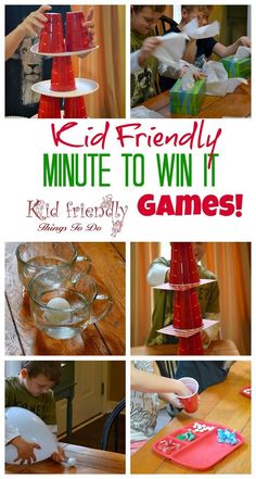 a collage of pictures with the words kid friendly, minute to win it games