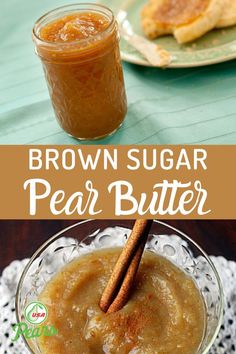 brown sugar pear butter in a glass bowl with cinnamon sticks