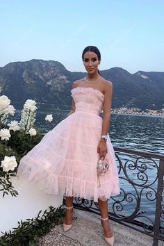 Pink Tulle Strapless Ruffled Tea Length Custom Formal Dress Tamara Kalinic, Tea Length Skirt, Straight Across Neckline, Red Carpet Look, Pink Tulle, Formal Dresses Prom, Formal Party, Red Carpet Looks, French Riviera