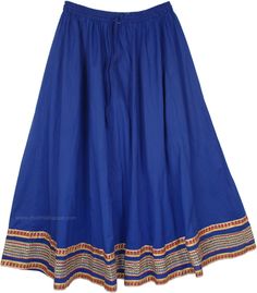 Azure Blue Long Skirt with Multicolor Trim - A crispy cobalt blue-colored long skirt with beautiful multicolored decorative trim at the bottom of the skirt.  A must-have party bottom, this skirt will make you dazzle and shine like a princess. #tlb #Lace #Misses #Maxi Skirt #bohogift #Solid #Handmade Festive Long Blue Skirt, Festive Blue Party Skirt, Blue Maxi Skirt For Festivals, Blue Fitted Festive Skirt, Blue Flowy Maxi Skirt For Festivals, Blue Fitted Skirt For Festive Occasions, Festive Fitted Blue Skirt, Festival Blue Lined Maxi Skirt, Festive Blue Fitted Skirt