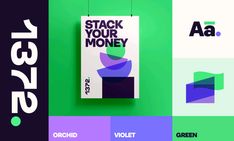 an advertisement for stack your money with different colors and font options on it, including the logo