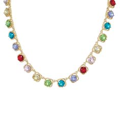 A world of vibrant elegance… The rainbow necklace shimmering with the full spectrum of radiant hues from rose to peridot to violet and beyond. It’s a full 18-1/4″ of sparkle with a 2″ extender for added versatility, accommodating any neckline with ease. The colorful and coordinated addition of a matching 7-3/4″ bracelet with 1″ extender, and sky-blue aquamarine crystal solitaire earrings. Each vibrant crystal treasure is exquisite on its own…sensational worn all together…standout accents when pa Elegant Multicolor Jewelry With Sparkling Stones, Elegant Rainbow Jewelry With Sparkling Stones, Elegant Rainbow Crystal Jewelry, Rainbow Multi-stone Jewelry For Party, Rainbow Multi-stone Party Jewelry, Elegant Multicolor Birthstone Jewelry, Elegant Rainbow Jewelry With Gemstone Accents, Elegant Rainbow Necklace For Parties, Elegant Rainbow Jewelry For Formal Occasions