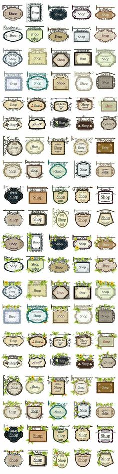 a large collection of wooden signs and labels