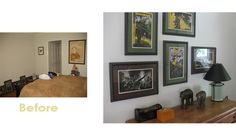 the before and after pictures show what appears to be a bedroom with paintings on the wall