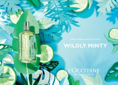 a bottle of wildly minty perfume sitting on top of a blue and green background