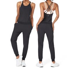 This One-And-Done Jumpsuit With A Statement Strappy Back And Relaxed Fit Keeps You Totally Comfortable While You Find Your Zen. Soft Italian Tech Fabric Wicks Away Moisture, Making The Style Not Only Perfect For Yoga Class, But Also For Stuffy Flights And Afternoon Drinks In The Beer Garden. Pull-On Style Scoop Neck Sleeveless Elasticized Waist Front Pockets Moisture-Wicking Fabric Dries Quickly To Keep You Cool And Comfortable 73% Polyamide, 27% Elastane Made In Turkey Black Sporty Jumpsuits And Rompers For Loungewear, Sporty Black Jumpsuits For Loungewear, Athleisure Jumpsuits And Rompers For Loungewear, Athleisure Loungewear Jumpsuits And Rompers, Strappy Jumpsuit, Terry Cloth Romper, Purple Romper, Jumpsuit Navy Blue, Fitted Jumpsuit