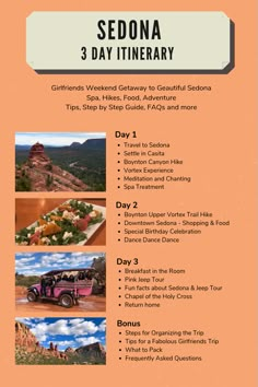 the tour guide for sedona 3 day itinerary is shown in this image