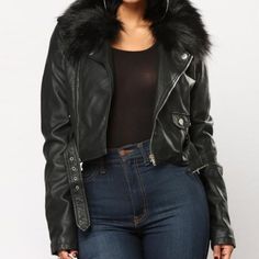 Available In Black/Black Faux Leather Moto Jacket Zip Front Faux Fur Detachable Collar 2 Pocket Zipper Detail Belted Self: 100% Polyurethane Lining: 100% Polyester Fur: 100% Acrylic Imported Light Pink Blazers, Cropped Faux Leather Jacket, Fashion Nova Plus Size, Brown Faux Leather Jacket, Chic Jacket, 70 Fashion, Womens Black Leather Jacket, Military Jacket Green, Cropped Blazer Jacket