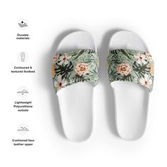 TROPICAL BEACH SLIDES with Hibiscus Rose Flowers Pineapples & Palm Leaves, Summer Slides Shoes, Floral Beach Sandals Slides, Vacation Shoes A must-have for the summer: these women's slides. A pair of these will keep you comfy throughout your day of beach or pool activities, thanks to the cushioned upper strap and the textured footbed.   DETAILS  * Cushioned and durable faux leather upper strap * Lightweight polyurethane (PU) outsole * Contoured, textured footbed * Stitched around the upper perimeter for extra durability * Spot clean only * Printed, cut, and handmade * Blank product sourced from China Important: This product is available in the following countries: United States, Canada, Australia, United Kingdom, New Zealand, Japan, Austria, Andorra, Belgium, Bulgaria, Croatia, Czech Repub White Summer Flip Flops For Vacation, White Open Toe Flip Flops For Vacation, White Tropical Flip Flops For Vacation, White Tropical Style Flip Flops For Summer, Tropical White Flip Flops For Vacation, Tropical White Vacation Flip Flops, White Tropical Flip Flops For Spring, White Tropical Style Flip Flops For Spring, Summer Beach Slides For Vacation