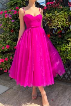 Tea Length Hot Pink Prom Dresses, Tea Length Hot Pink Formal Homecoming Dresses Hot Pink Prom Dress, Tea Length Prom Dress, Tea Length Tulle, Tulle Cocktail Dress, Prom Dresses Simple, Hoco Dress, Simple Prom Dress, Chic Gowns, Pink Prom Dress