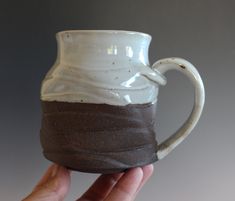 a hand holding a white and brown coffee mug