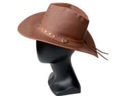 "Men's Cowboy Hat, Leather Boho Western Hat, Rancher's Hat, Fall Accessory, Urban Cowboy Hat, Rodeo Hat, Boho Cowboy Hat, American West Style Leather Cowboy hat. Brim width: 3 1/4 inches Crown height: 4.5 inches Fits size 22-23.5 inches head circumference. That is 56-58 centimeters! To measure your head:  Place a measuring tape on your forehead just above eyebrow level and pass it around your head, ensuring that the widest part of the head is included. Common sizes for women are about 21 1/2\"/56 cm -23\"/59.6 cm. Men are about 22\"-24\". It should be a snug measurement, I will add 1/2\"/1.3cm for ease." Western Style Brown Cap Costume Hat, Festival Top Hat With Short Brim, Brimmed Costume Hats For Country Events, Rodeo Hat, Boho Cowboy, Mens Cowboy Hats, Leather Cowboy Hats, Packable Hat, Urban Cowboy