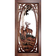 an intricately carved wood panel depicting two deer in the woods