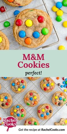 m & m cookies are on a cooling rack