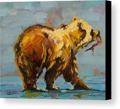 an oil painting of a brown bear in the water with its mouth open and tongue out