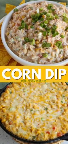 corn dip in a white bowl next to a black and yellow dish with green onions