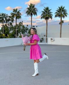 Pink Dress With White Cowboy Boots, Hot Pink Dress With Cowboy Boots, Pink Dress With Cowgirl Boots, Pink Dress White Cowboy Boots, Pink Dress Cowboy Boots, White Cowboy Boots Outfit Dress