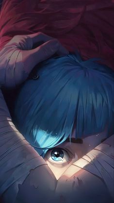 an anime character with blue hair and big eyes looking out from behind a red blanket