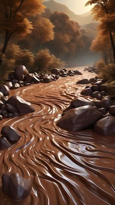 a river flowing through a forest filled with lots of brown rocks and trees in the background