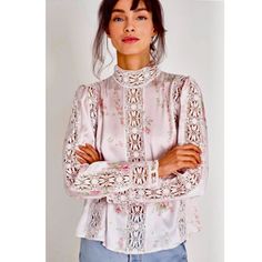 Loveshackfancy Jaque Blouse In Anjelic Pink Nwt. Size Small Retail- $500. Can Be Buttoned Down The Front Or Back. Lowballers Will Be Immediately Blocked. Price Firm. I Am Not Taking Offers. Xs- Length- 23.5” Armpit-Armpit Laying Flat (On One Side)- 19” Small- Length- 24.5” Armpit-Armpit Laying Flat (On One Side)- 20” Feminine Floral Print Wedding Blouse, Feminine Floral Print Blouse For Wedding, Feminine Spring Wedding Blouse, Spring Wedding Floral Print Tops, Silk Pants, Rose Bouquet, Silk Top, High Collar, Floral Lace