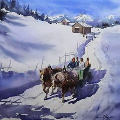 a painting of people riding in a horse drawn sleigh on a snowy hill