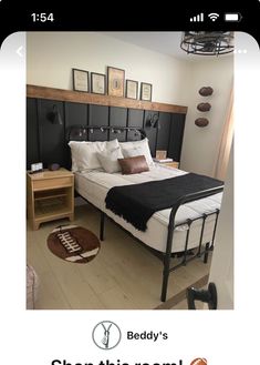 a bed room with a neatly made bed and pictures on the wall