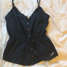 Button Up Hollister Babydoll Tank W/ Tie Never Worn But Great For The Summer! Navy Blue But I Also Have It In White! Summer Buttoned Tops For Loungewear, Summer Tops With Buttons For Loungewear, Cute Sleeveless Buttoned Tops, Hollister Clothes, Calm Fits, Babydoll Tank, Hollister Tops, Babydoll Top, Hollister