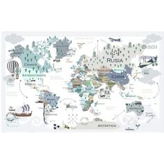 the map of the world with all countries and their major cities, including hot air balloons