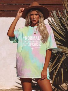 Normal Isn't Coming Back But Jesus Is Revelation 14 Boutique Oversized Boyfriend Tie Dye Tee Couture Fashion Oversized Printed Multicolor T-shirt, Oversized Multicolor Letter Print Top, Multicolor Oversized Letter Print Top, Oversized Tie Dye Tops With Letter Print, Oversized Multicolor Printed T-shirt, Oversized Multicolor Letter Print T-shirt, Cheap Clothing, Women's Outfits By Occasions, John 3 16