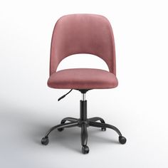 an office chair with wheels and a pink upholstered seat on a white background