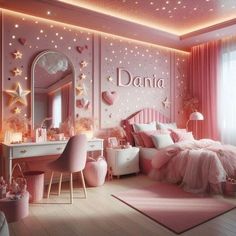 a bedroom decorated in pink and white with stars on the ceiling, bedding, dressers and mirror