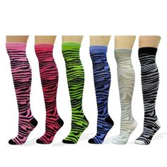 These Socks Fit Just Below The Knee Each Pack Includes 6 Pairs Of Socks, Perfect For Gift Giving. They Fit Women's And Girl's Shoe Sizes 4.5 To 10. 75% Acrylic / 15% Nylon / 10% Spandex Great Value! Affordable 6-Pack Of Assorted Colors And Designs Fun, Cute And Colorful Patterns. Comfortable Stretch For All Day Wear Machine Wash Warm Tumble Dry Low Sock Size 9-11, Women's Shoe Size 5-10 Color: Zebra Trendy Stretch Multicolor Stockings, Casual Pink Hosiery, Casual Multicolor Stockings, Stretchy Multicolor Trendy Knee-high Socks, Trendy Multicolor Stretch Knee-high Socks, Casual Multicolor Stretch Knee-high Socks, Colorful Patterns, Fun Cute, Knee High Socks