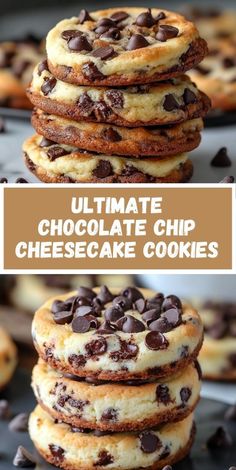 chocolate chip cheesecake cookies stacked on top of each other with the title overlay