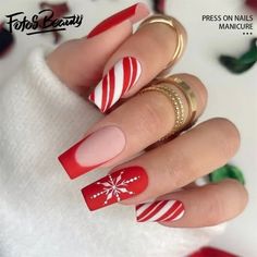 Click here to view more Fofosbeauty Press On Nails at lower price! Limited Edition Christmas Design Nails Decoration are here, with glossy extra-long stiletto shaped nails! Spare yourself a schlep to the salon with DIY false nails that also save you time and money. Wickedly chic one-of-a-kind manicures will make you look spellbindingly beautiful in a snap. Created exclusively for Fofosbeauty by top professional nail artists and social influencers, you wont find these styles anywhere else. Fofosbeauty false nails for you feature a delightfully devilish array of Christmas styles. Shop stunning solid nail polish colors, glossy, matte, 3D and glow-in-the-dark finishes, all with the spookiest themed designs ever seen. These trendsetting nails are so easy to clip on  your nails will look bewitch Square Nails Ideas Christmas, X Mas Nails Design, Nails Aesthetic Christmas, Trendy Christmas Nails 2023, Red Holiday Nails Acrylic, Holiday Hair Dos, Candy Cane Nails